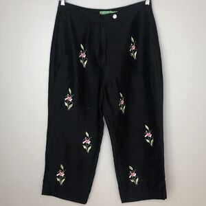 Tibi Women's 8 Black 100% Silk Embroidered Flower Wide Leg Capri Trouser‎ Pants